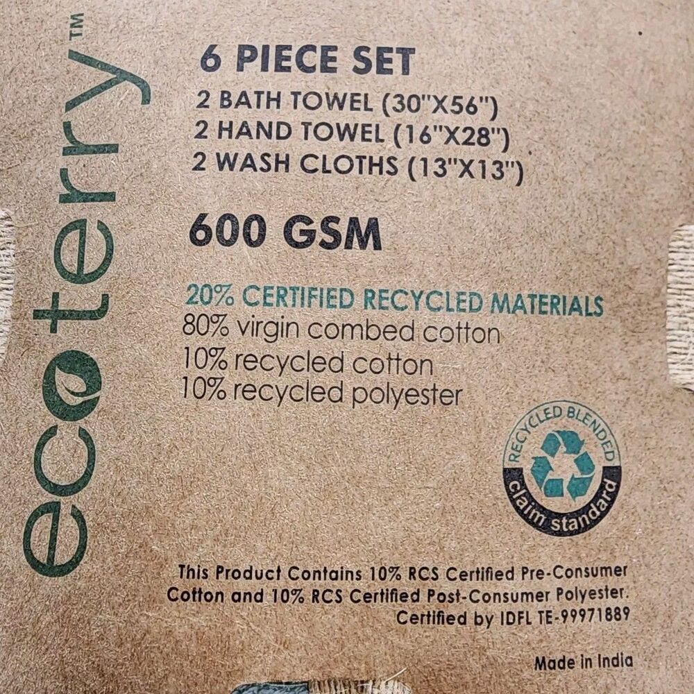 Ecoterry 6pc Dusty Green Bath  Towel Set 2 Bath 2‎ Hand 2 Washcloths - Picture 2 of 9